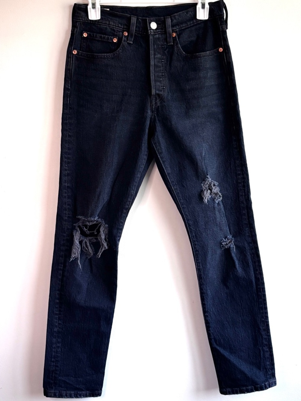 Levi’s 501 High Rise Skinny Jeans W26 L28 Distressed Blue Black Button Fly